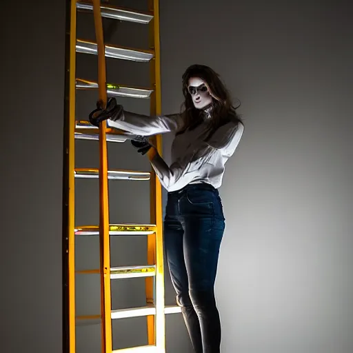 Image similar to a glowing cyborg girl, standing on a ladder, replacing a defective lightbulb. dark room.