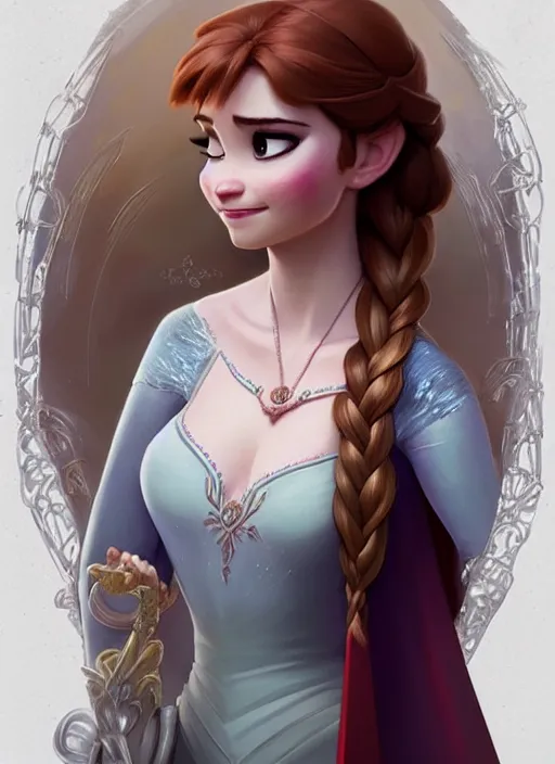 Image similar to anna from frozen, d & d, fantasy, intricate, elegant, highly detailed, digital painting, artstation, concept art, matte, sharp focus, illustration, hearthstone, art by artgerm and greg rutkowski and alphonse mucha