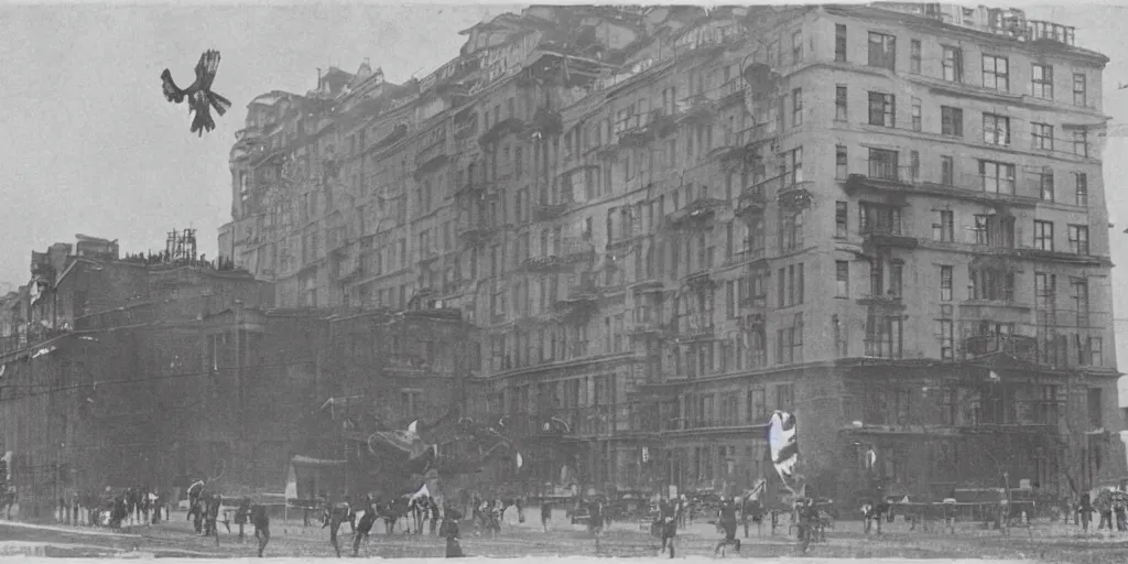 Prompt: a few people run from a luxury building as cameraman points at large flying monster, 1 9 0 0 s photograph