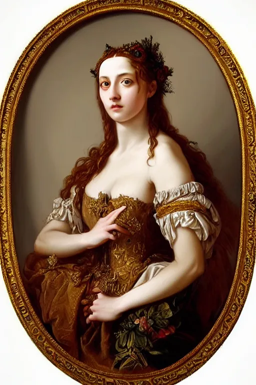 Prompt: hyper realistic painting portrait of the princess of roses, occult diagram, elaborate details, rococo, baroque, gothic, intrincate ornaments, gold decoration, caligraphy, occult art, illuminated manuscript, oil painting, art noveau, in the style of roberto ferri and gustav moreau