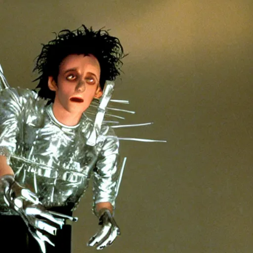 Prompt: a still of Edward ForkHands, in the film Edward Scissorhands, UHD, stylistic, film, horror