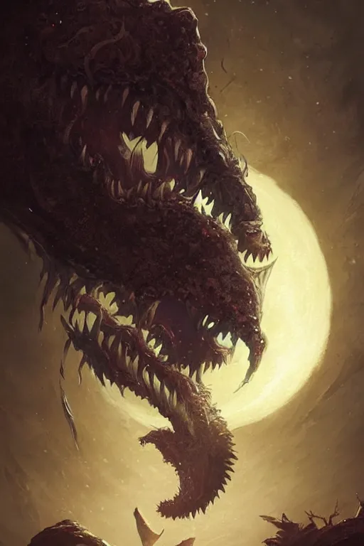 Image similar to lovecraftian monster howling at the full moon, full moon, moon, digital art, magic the gathering, mtg, by greg rutkowski, trending on artstation