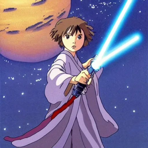 Prompt: a young jedi woman with a lightsaber, from studio ghibli!!!'s star wars anime, by hayao miyazaki sci - fi, animation