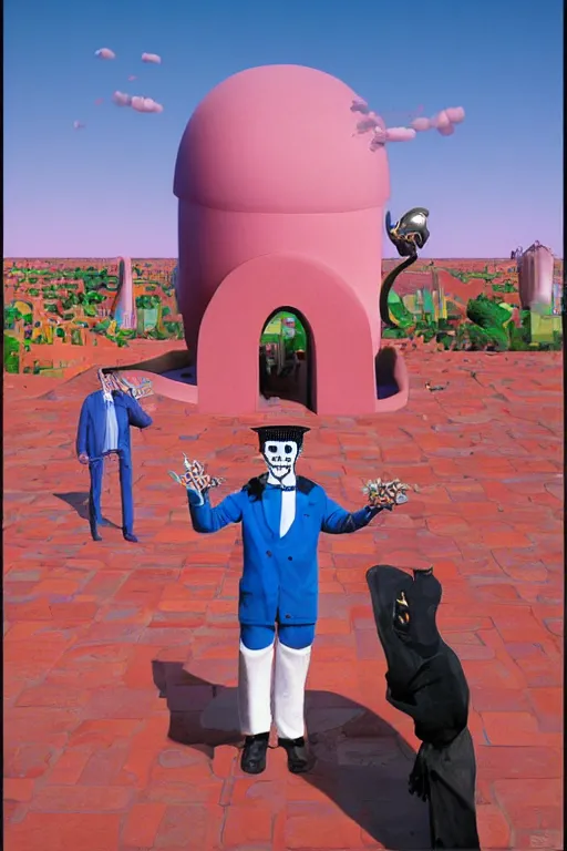 Image similar to Barry Chuckle, emperor of gravy skeletons. Neo-Andean architecture by Freddy Mamani. Painting by René Magritte, 3D rendering by Beeple, sketch by R. Crumb