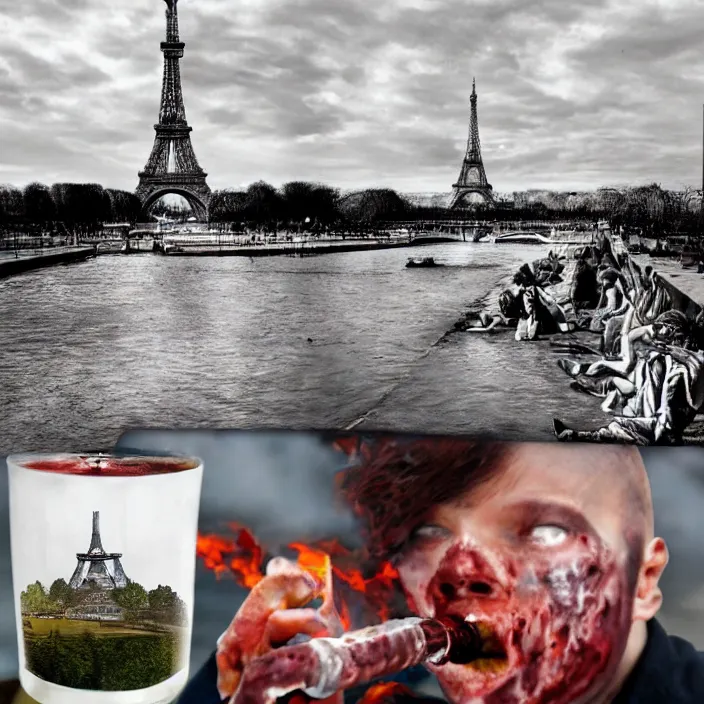 Image similar to zombie drinking water with eifel tower on fire photo realistic