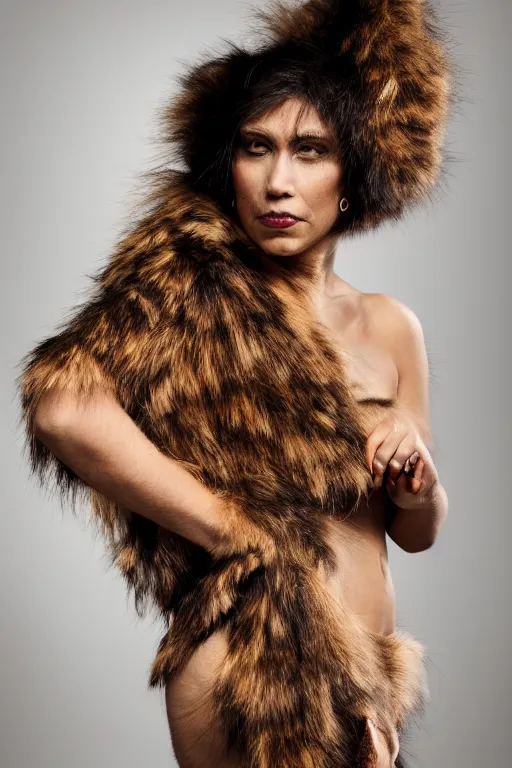 Image similar to a neanderthal woman wearing animal skin, posing as a model for vogue, studio lighting