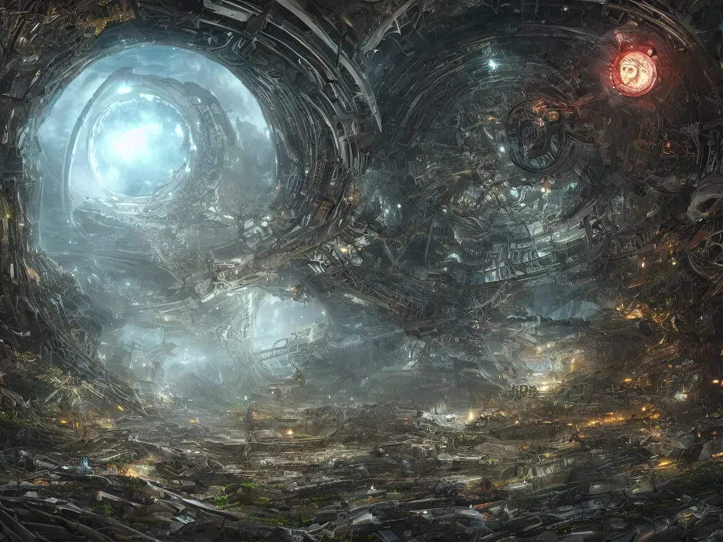 Image similar to an intricate matte painting of an epic battle between nature and technology at the center is a circular glowing biomechanical portal made of mechanical and electrical parts