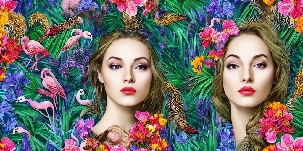 Prompt: repeating pattern tiled, photo realistic depiction of a beautiful woman face surrounded by orchids, lion fish, and colorful flamingos style by Salvador Dali , hyper realistic