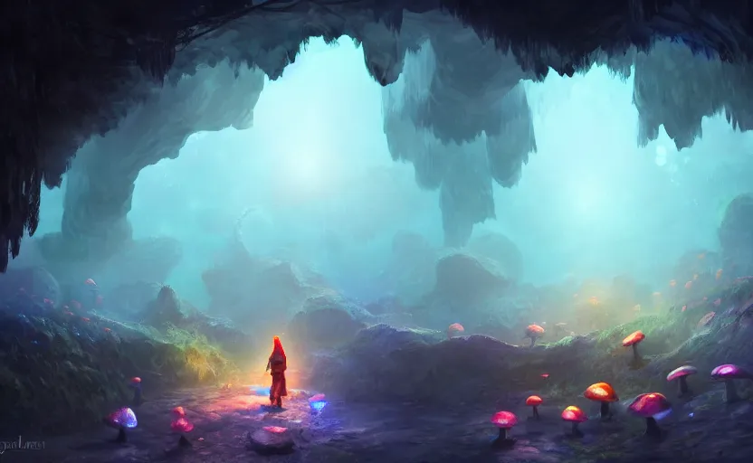 Image similar to a blurry ambient glowing crystal in the distance of a giant cave, mushrooms, dynamic lighting, ambient lighting, atmospherical, photorealistic fantasy concept art, trending on art station, stunning visuals, creative, cinematic, ultra detailed