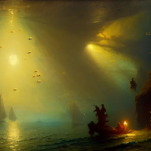 Image similar to i am at the bottom of the ocean looking up, see fishes swimming, see the milk way up above through the water, night time, midnight. highly detailed painting by gaston bussiere, greg rutkowski 8 k