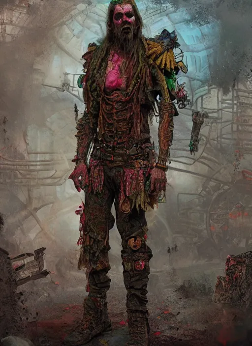 Image similar to detailed full body concept art, illustration matte painting, Rob Zombie pilot in full intricate colorful clothing, ultra detailed, digital art, octane render, 4K, dystopian, micro details