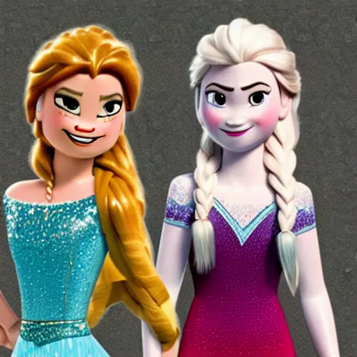 Prompt: lego minifigs of elsa and anna from frozen. photo, remake, retouched in photoshop, caricature