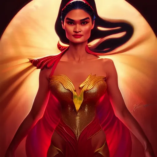 Image similar to pia wurtzbach as darna, volumetric lights, red and cyan theme, art nouveau botanicals, intricate, highly detailed, digital painting, artstation, concept art, smooth, sharp focus, cinematic, illustration, beautiful face, art by artgerm and greg rutkowski and alphonse mucha