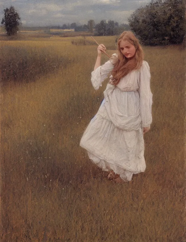 Image similar to peasant girl draws a landscape on a canvas, cottage core, cinematic focus, polaroid photo bleached vintage pastel colors high - key lighting, soft lights, foggy, by steve hanks, by lisa yuskavage, by serov valentin, by tarkovsky, detailed, oil on canvas