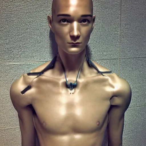 Prompt: “a realistic detailed photo of a guy who is an attractive humanoid who is half robot and half humanoid, who is a male android, Bryce Hall, shiny skin, posing like a statue, blank stare”