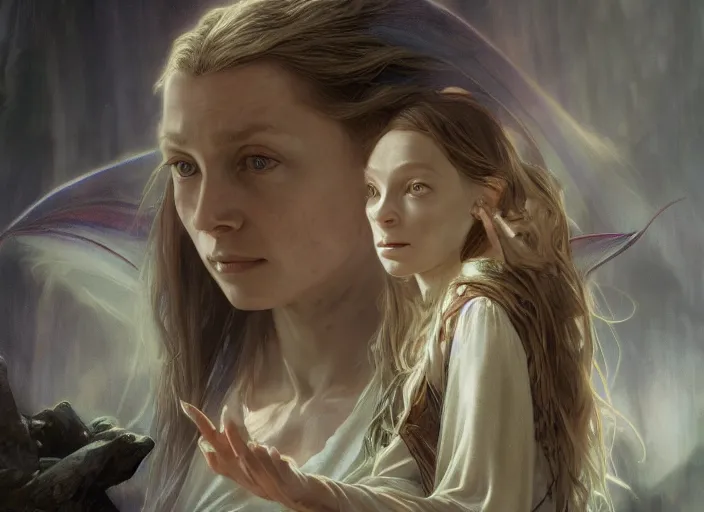 Image similar to a dramatic highly detailed render of the kids of Galadriel and Gollum, Middle-earth , by WLOP and Artgerm and Greg Rutkowski and Alphonse Mucha, Beautiful dynamic dramatic dark moody lighting, shadows, cinematic atmosphere, Artstation, Octane render, 8K, masterpiece, sharp focus, hyperrealistic, photograph