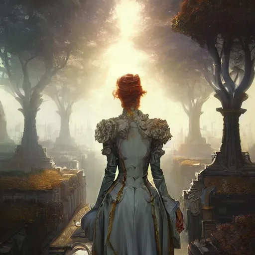 Prompt: portrait of a victorian lady in a futuristic city, from behind, streets, birds in the sky, sunlight and rays of light shining through trees, tall buildings on the sides, beautiful, solarpunk!!!, highly detailed, digital painting by Peter Mohrbacher, Paul Rembrandt, Michael Garmash, Donato Giancola