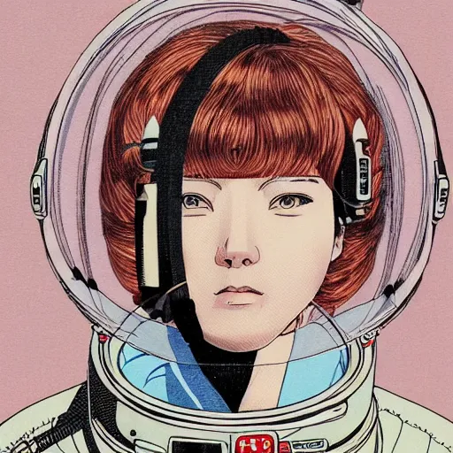 Image similar to portrait of female astronaut painted in miyazaki color style drawn by katsuhiro otomo and takato yamamoto, high detail, intricate linework, sharp, smooth face, china doll face, high detail, manga and anime