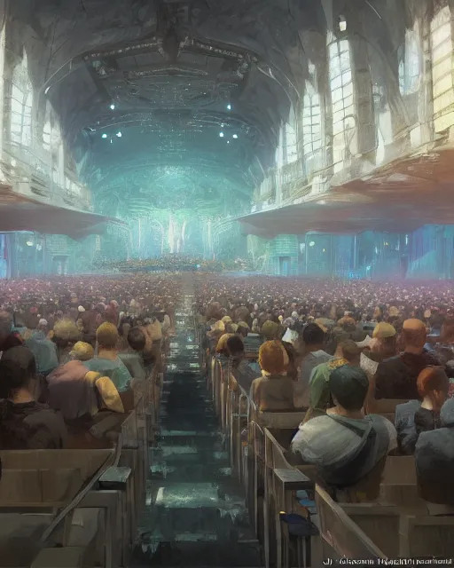 Image similar to craig mullins and ghibli digital illustration of a crowd in a futuristic church, priest, pews, ethereal, inviting, bright, unreal engine, hyper realism, realistic shading, cinematic composition, realistic render, octane render, detailed textures, photorealistic, wide shot