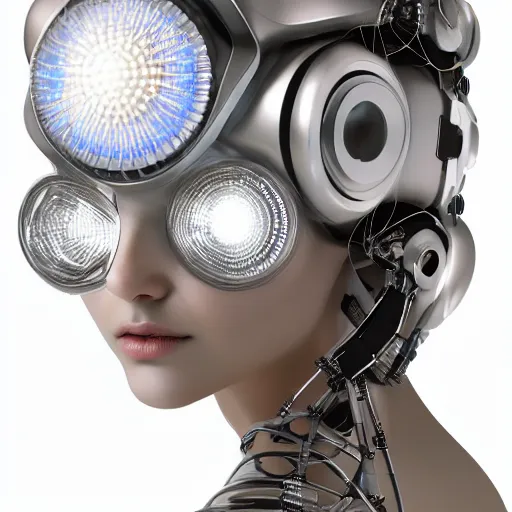 Image similar to beautiful centered fine art photo portrait of elegant beautiful girl as a solarpunk robotic humanoid, white mechanical parts with led lights, bouguereau style pose, photorealistic, white background, highly detailed and intricate, soft box lighting, hdr 8 k