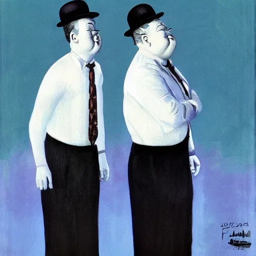 Image similar to Laurel and Hardy in hats are standing, looking into the distance. the man in the centre is facing the front, looking downwards at his stomach by Frank Kelly Freas