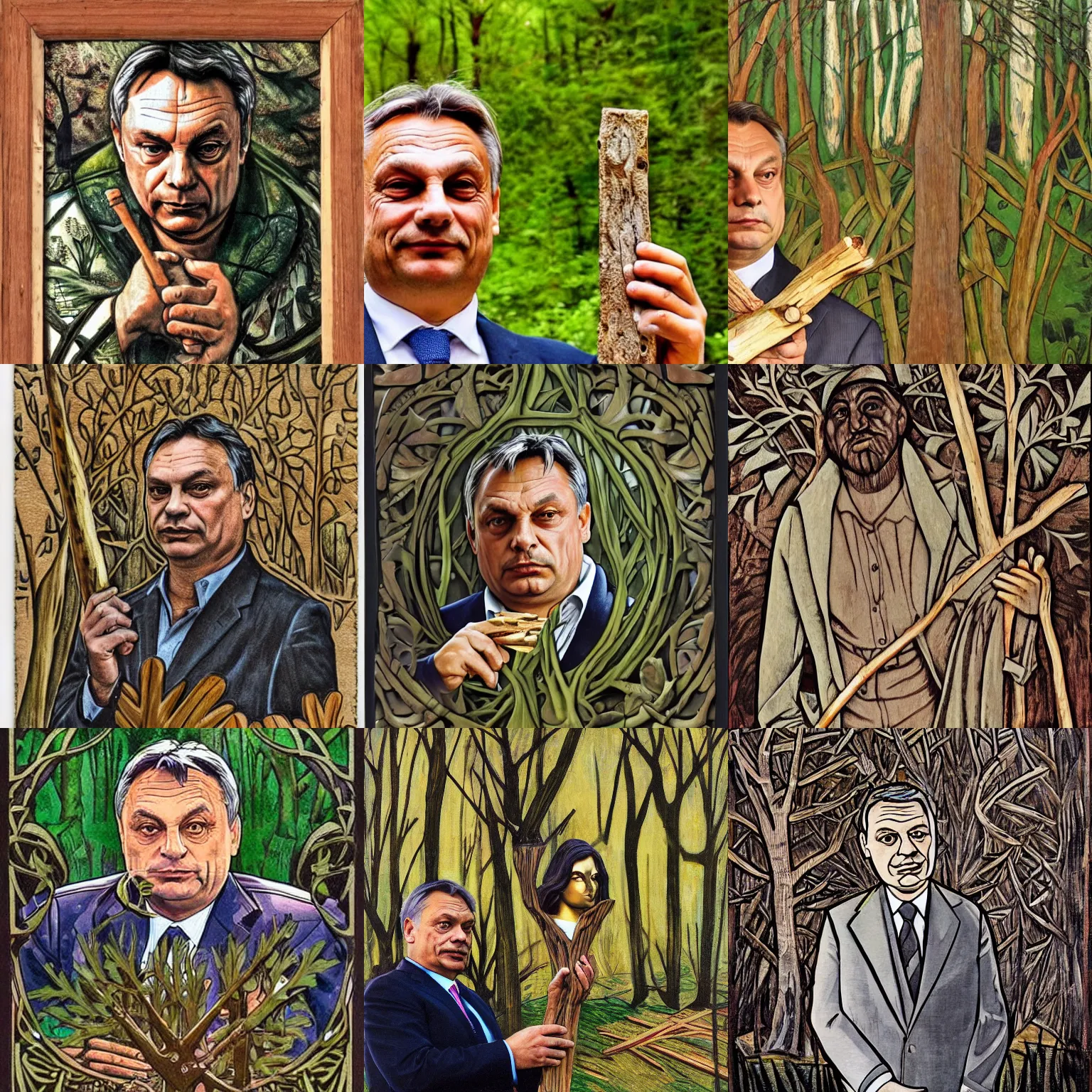 Prompt: viktor orban in a forest, highly detailed face, holding a wood piece, art nouveau