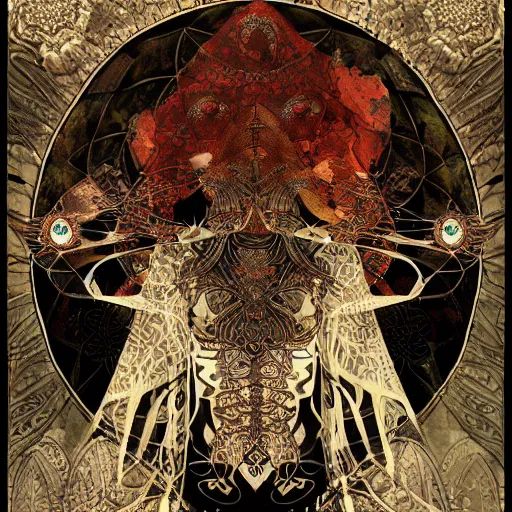 Prompt: a dark ancient complex arabic ornaments with mandala and moth wings texture, full of details and delicate, high - quality fabric texture white paper + tarot card realistic detailed sci - fi illustration designed by marc simonetti mike mignola alfons maria mucha, peter mohrbacher, 8 k resolution + white ink, psychedelic black light style + intricate white ink illustration