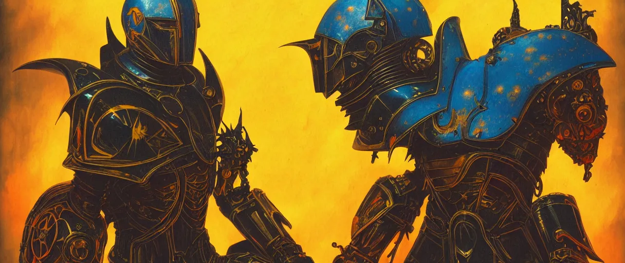 Prompt: composition of gothic and futuristic, warhammer, cyber armor, more and more scars, thunderstorm, orange head, some yellow and blue, the middle ages, highly detailed, artstation, in the style of moebius, jugendstil and classic japanese print, art by richard pearce