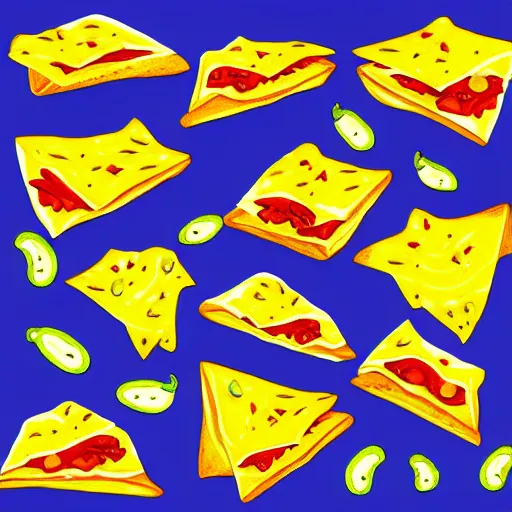 Image similar to drawing of nachos with cheese and jalapeno illustrations, white background, drawing, cartoon, in the style of shyama golden