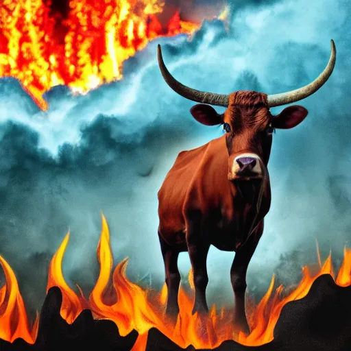 Image similar to a realistic photo of a cow in hell, surrounded by fire and demons