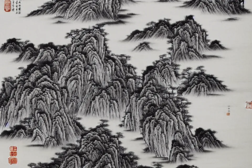 Prompt: in the beautiful landscape, there are evil monsters are stirring, traditional chinese ink painting.