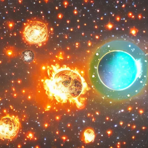 Image similar to army of balls with universes inside, hubble background, amazing, fire, 5 5 mm