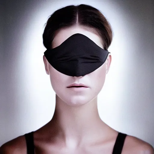 Image similar to a masterpiece portrait photo of a beautiful young woman who looks like an alien mary elizabeth winstead, wearing blindfold, symmetrical face