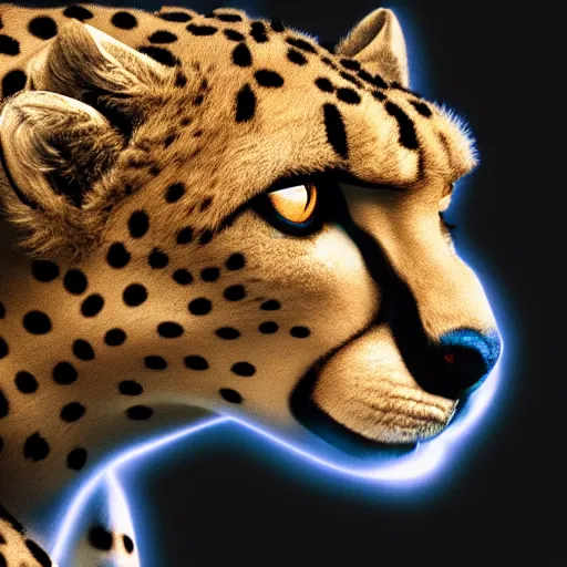 Image similar to closeup profile shot of a cheetah with neon spots, city lights, strong bokeh, dramatic, cinematic, high contrast, octane render, cgsociety, artstation, 4k