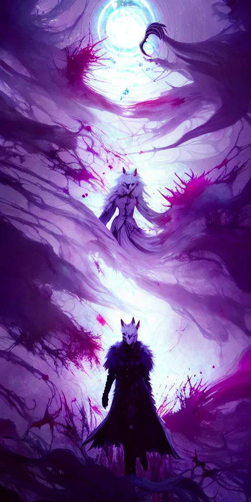 Prompt: a dreamy otherworldly key shot of blood covered white wolf, pixiv fanbox, dramatic lighting, maximalist pastel color palette, splatter paint, pixar and disney illustration, graphic novel by fiona staples and dustin nguyen, peter elson, alan bean, wangechi mutu, clean cel shaded vector art, trending on artstation