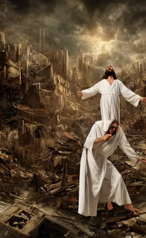 Image similar to jesus christ in a white robe strikes a dramatic dance pose on dead laughing bodies in streets of an apocalyptic metropolis destroyed after war, fantasy art, dramatic lighting, insane details