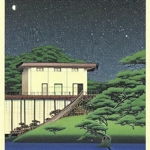 Image similar to painting by Hasui Kawase, atmospheric cozy futuristic organic white concrete house in the middle of a lush and dense forest at night, a beautiful lake next to it, night time, night sky, starry night sky, by Hasui Kawase