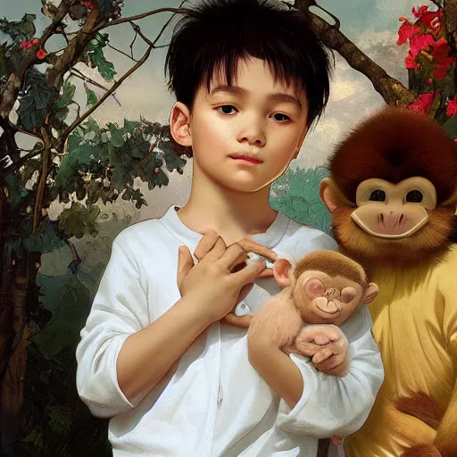 Image similar to young boy wearing white fabric pajama with cartoon paintings on it hugging a small monkey in his hands. highly detailed, digital painting, artstation, concept art, smooth and sharp focus, cg by tian zi and wlop and alphonse mucha