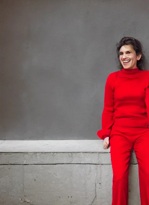 Prompt: color portrait of a beautiful 35-year-old smiling Italian woman, wearing a red outfit, candid street portrait in the style of annie leibovitz medium shot, detailed, award winning, Sony a7R