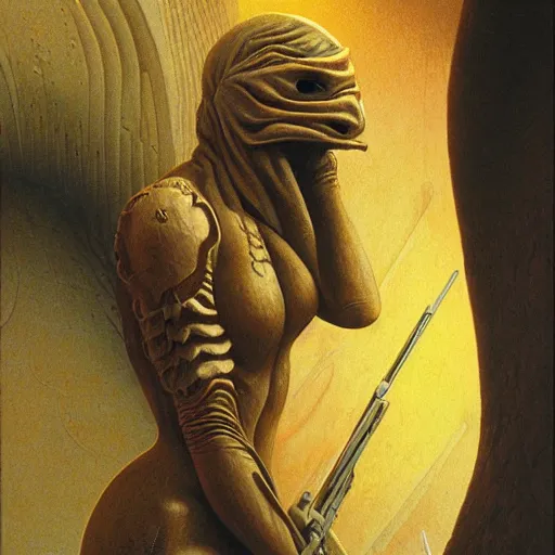 Image similar to female in golden mask by Wayne Barlowe