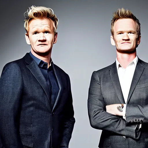 Image similar to photoshoot of gordon ramsay and neil patrick harris as father and son, vogue magazine, hyper realistic, dramatic light, photo studio,