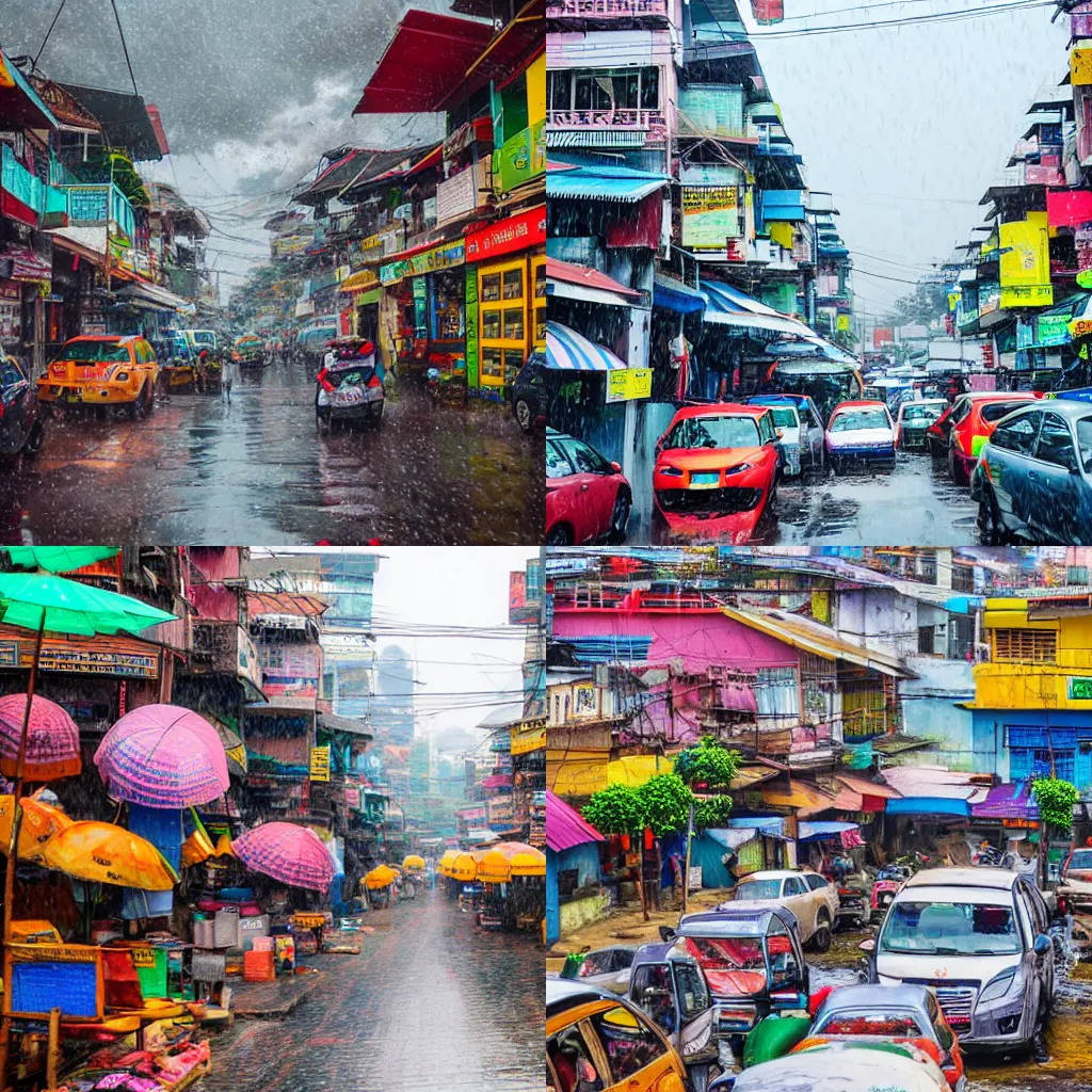 Prompt: busy cityscape, pariwat anantachina, colorful, raining in the daytime