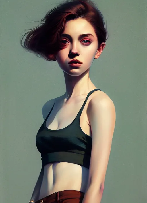 Image similar to ultradetailed beautiful painting of a stylish young lady wearing a crop top, dramatic, she has dreamly hair, distressed, volumetric light, full body portrait by greg rutkowski, ilya kuvshinov, james jean, makoto shinkai, on artstation