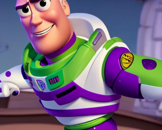 Image similar to Film still close-up shot of Dwayne Johnson as Buzz Lightyear in the movie Toy Story 3. Photographic, photography