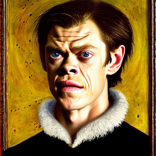 Image similar to portrait of the son of chris hemsworth willem dafoe steve buscemi, dane dehaan, oil painting by jan van eyck, northern renaissance art, oil on canvas, wet - on - wet technique, realistic, expressive emotions, intricate textures, illusionistic detail