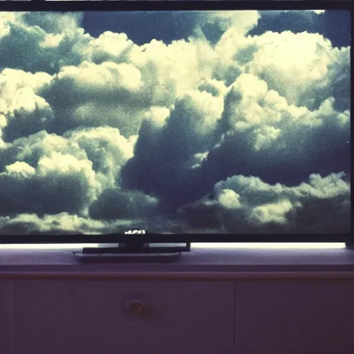 Image similar to a wide angle (((((((((close up)))))))))) professional studio photograph of a 90s television and VHS combo playing a video of clouds, key light, 50mm, shallow depth of field, no artefacts