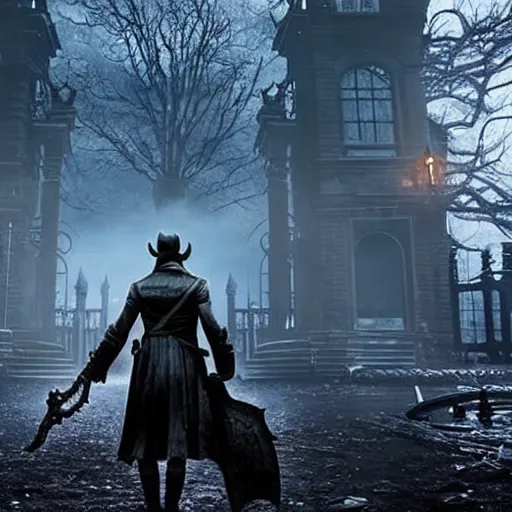 Prompt: A still image from the new Netflix live action adaptation 'Bloodborne', wide shot, features a spooky Pizza Hut