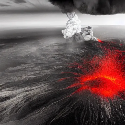 Prompt: eruption of vulcano, aerial view, dramatic lighting, cinematic