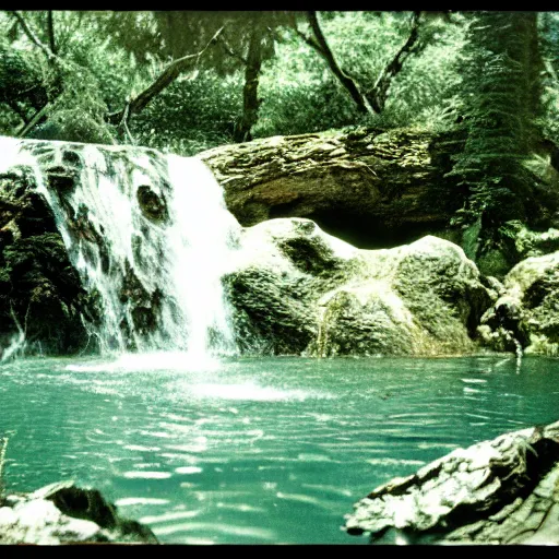 Image similar to the legend of big sir large smooth monster bathing in a small pond with a waterfall, big sur, film still