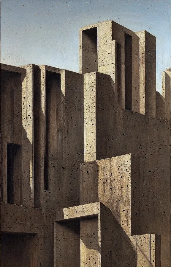 Prompt: classical landscape paintings of brutalist concrete structures, masterpiece, insanely detailed and intricate, impasto brush strokes, by eugene von guerard